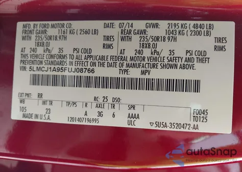 2015 Lincoln Mkc из США, поврежденный, VIN 5LMCJ1A95FUJ08766